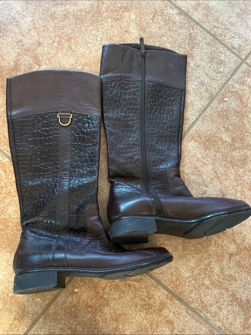 Brown Croc-Embossed Leather Mid-Calf Riding Boots 9.5